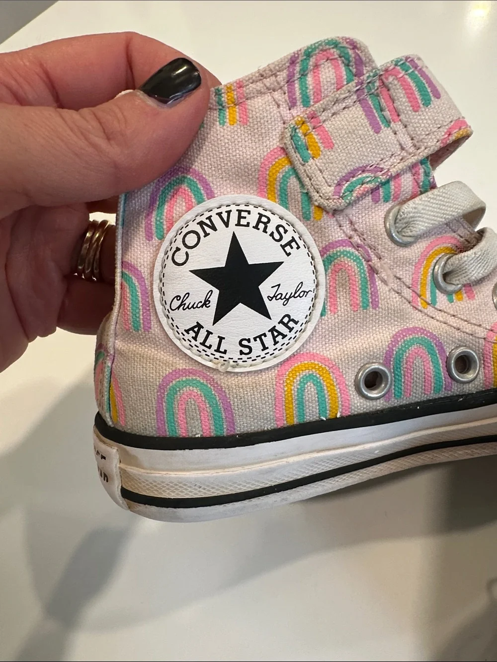 Converse All Stars Pink Canvas High-Top Sneakers with Rainbow Print